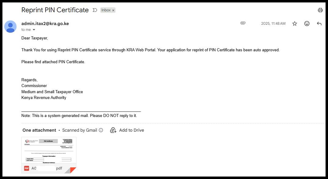 Finally, you can also check your email, as a copy of your KRA PIN Certificate has been sent there for easy access and future use.