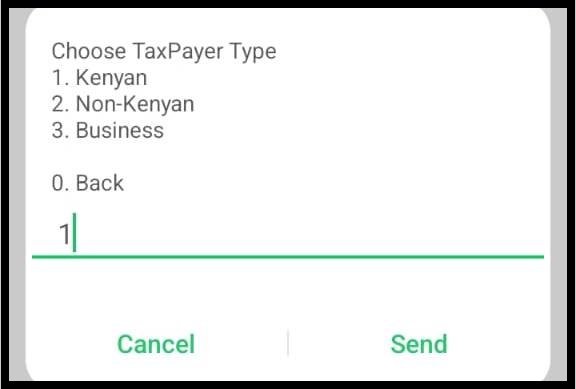 You will then be prompted to specify your taxpayer type, which may include Kenyan, Non-Kenyan, or Business. Select Option 1 – Kenyan to allow the system to correctly process and retrieve your KRA PIN information from the KRA database. Press Send to continue.