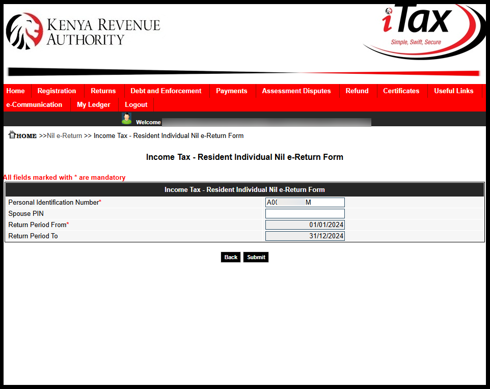 Next, fill in the Income Tax Resident Individual Nil e-Return form. If your KRA returns are up to date, entering the “Return Period From” will automatically set the “Return Period To.” For example, enter 01/01/2024 as the start date, which will set 31/12/2024 as the end date, then click “Submit.”