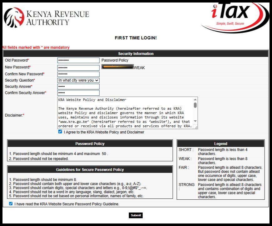 The final step in the KRA password reset process is creating a new password for your account. At this stage, you will need to enter your Old Password (the temporary password sent to your registered email), choose a New Password for accessing the KRA Portal, and re-enter it in the Confirm New Password field to ensure accuracy.