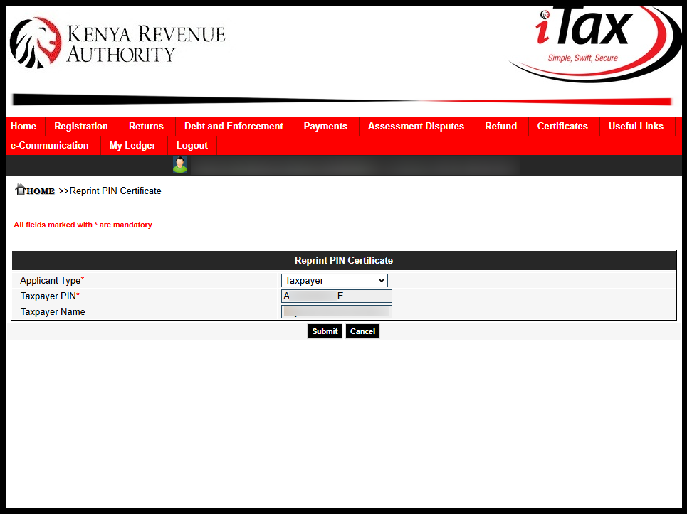 Next, select the applicant type. Since you are downloading your KRA PIN Certificate as a taxpayer, choose “Taxpayer” as the applicant type. Once selected, click the “Submit” button to proceed.