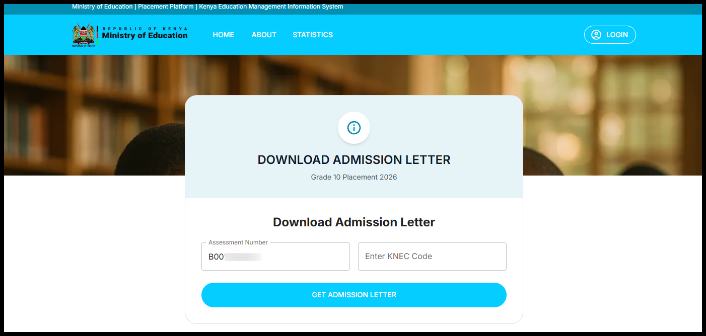 On the admission letter page, enter the learner’s Assessment Number in the required field. The Assessment Number must be typed exactly as issued under the Competency-Based Curriculum (CBC), without extra spaces or incorrect characters.