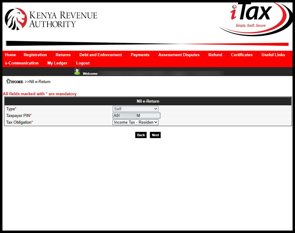 In this step, select the KRA Tax Obligation for which you want to file the Nil Returns. For students, choose “Income Tax - Resident Individual,” then click the “Next” button to proceed.