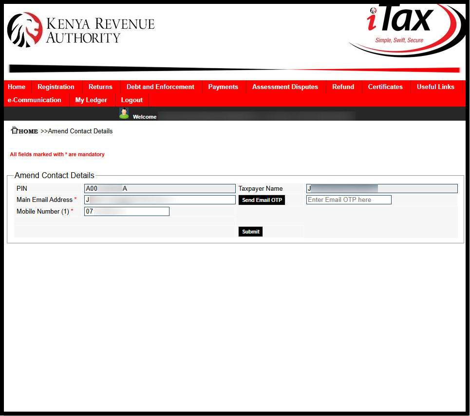 In this step you need to enter your new email address that you want to link to your KRA PIN Number on iTax. Ensure that you are able to access that new email address as Kenya Revenue Authority (KRA) will send an OTP to that email for verification purposes.
