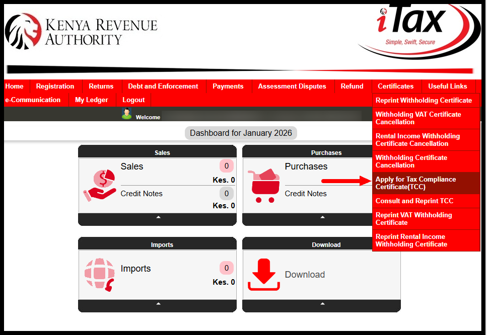 Click on the "Registration" menu and from the dropdown list, select "Apply for Tax Compliance Certificate (TCC)" to beging the application process.