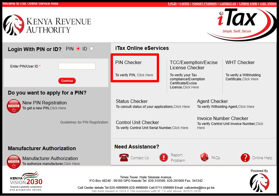 Once on iTax (KRA Portal), click on the "PIN Checker" link to start the process of checking your KRA PIN Number online.