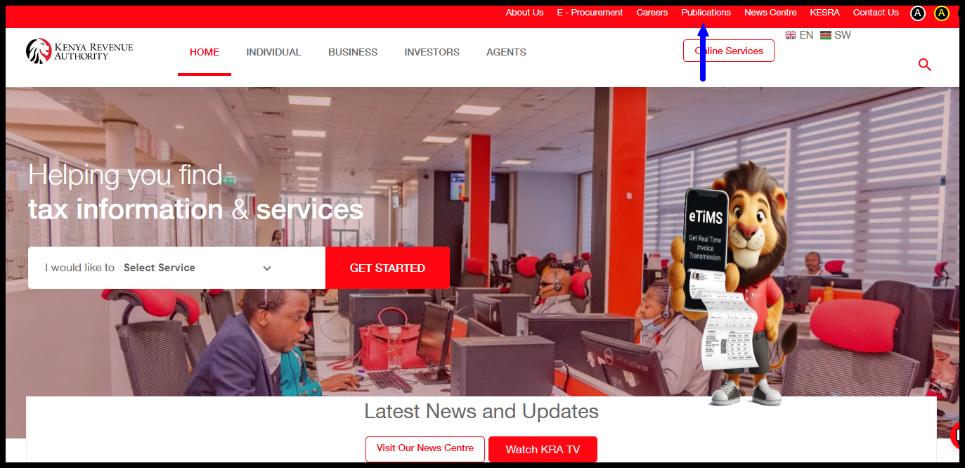 Once you are on the KRA website, on the top menu, click on "Publications" to begin the process of P10 Return Simplified Version 30.0.2 download. 