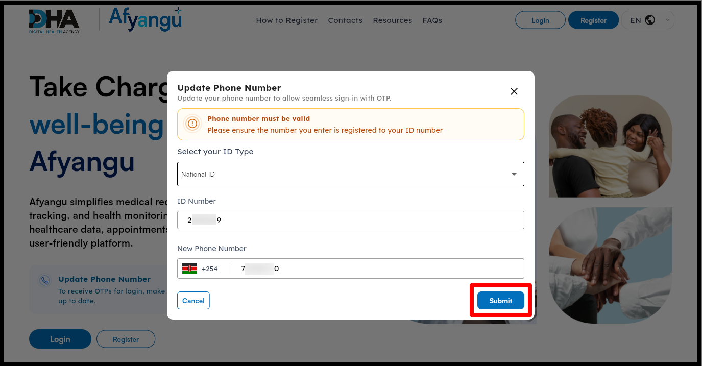Once you have entered your new phone number i.e. the number that you want to use to receive OTPs, proceed and click on the "Submit" button.