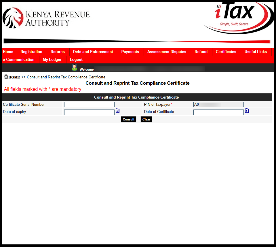 Next, on the "Consult and Reprint Tax Compliance Certificate" form, click on the "Submit" button to initiate download of Tax Compliance Certificate on iTax (KRA Portal).