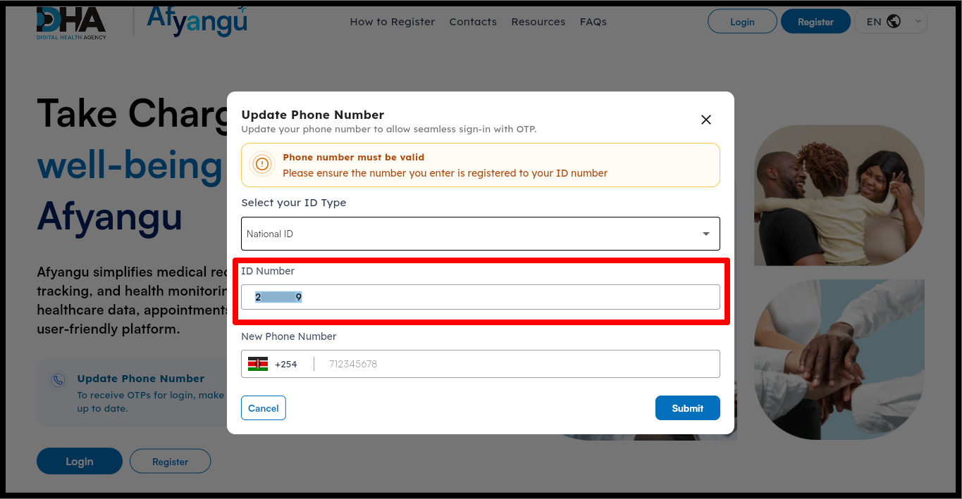 Next, enter your ID Number correctly. Ensure that the ID number is already registered on Afyayangu.go.ke to be able to update the phone number on SHA successfully.