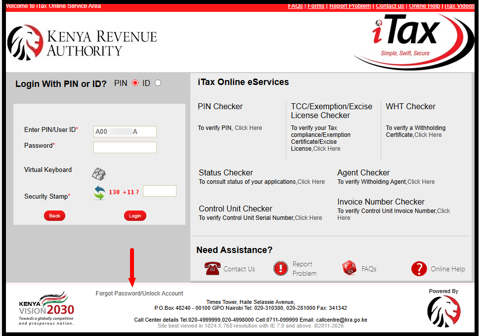 Next, you need to enter your KRA PIN Number or National ID Number, click on the "Continue" and then click on the link labelled "Forgot Password/Unlock Account" to begin the process of iTax Password Reset.