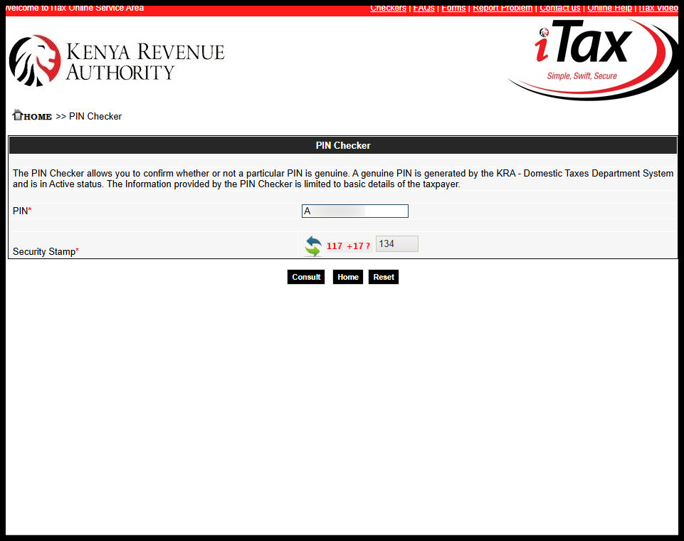 In this step, enter your "KRA PIN Number" and solve the arithmetic question (security stamp). Once you have done so, click on the "Consult" button.