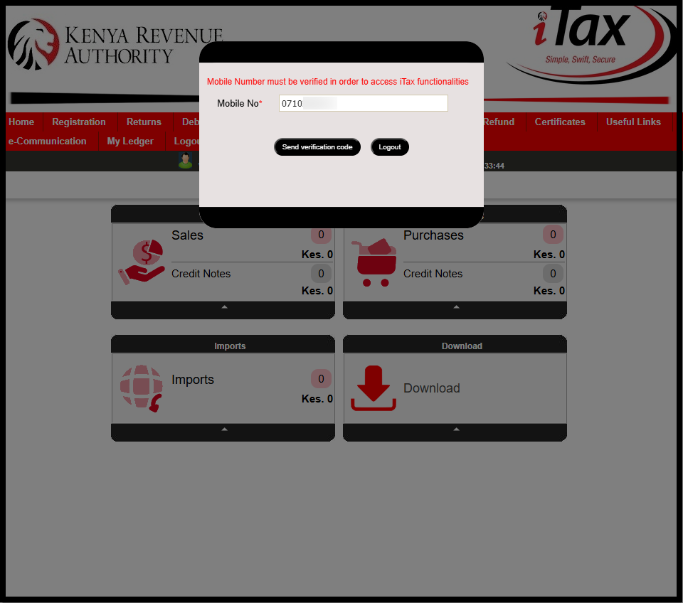 Once logged into iTax, you will see the notification "Mobile Number must be verified in order to access iTax functionalities." At this point, if the mobile number displayed is yours, you can go ahead and click on the "Send Verification Code" button. If you want to add your new mobile number, just delete that mobile number and enter the new one that you want to use on iTax.