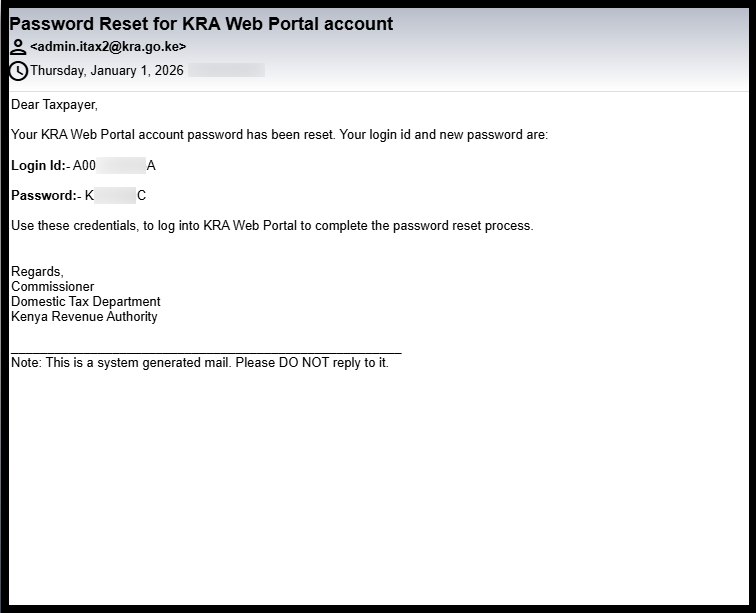 Next, verify the email address linked to your KRA PIN Number. The iTax password reset email, containing your KRA PIN Number and a system generated temporary password (serving as old password), will be sent to this email address. You will use this temporary password to set a new iTax password on iTax (KRA Portal).