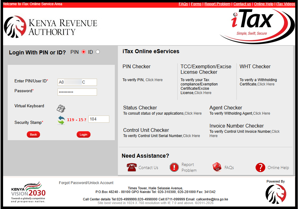 Next, enter KRA PIN Number or ID Number, click on the "Continue" button, enter iTax Password (KRA Password), solve the arithmetic question (security stamp) and click on the "Login" button to access your iTax account.