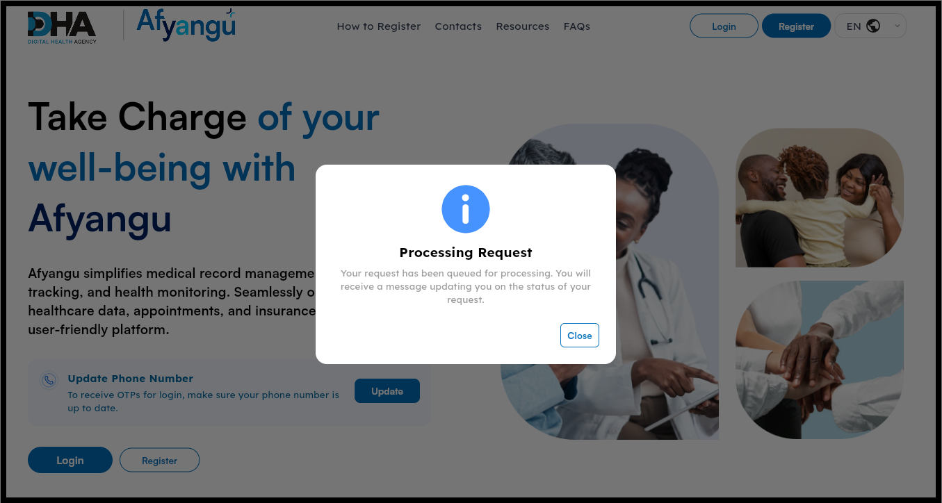 Once you have submitted your request for SHA phone number update, you will see the following message: "Your request has been queued for processing. You will receive a message updating you on the status of your request."