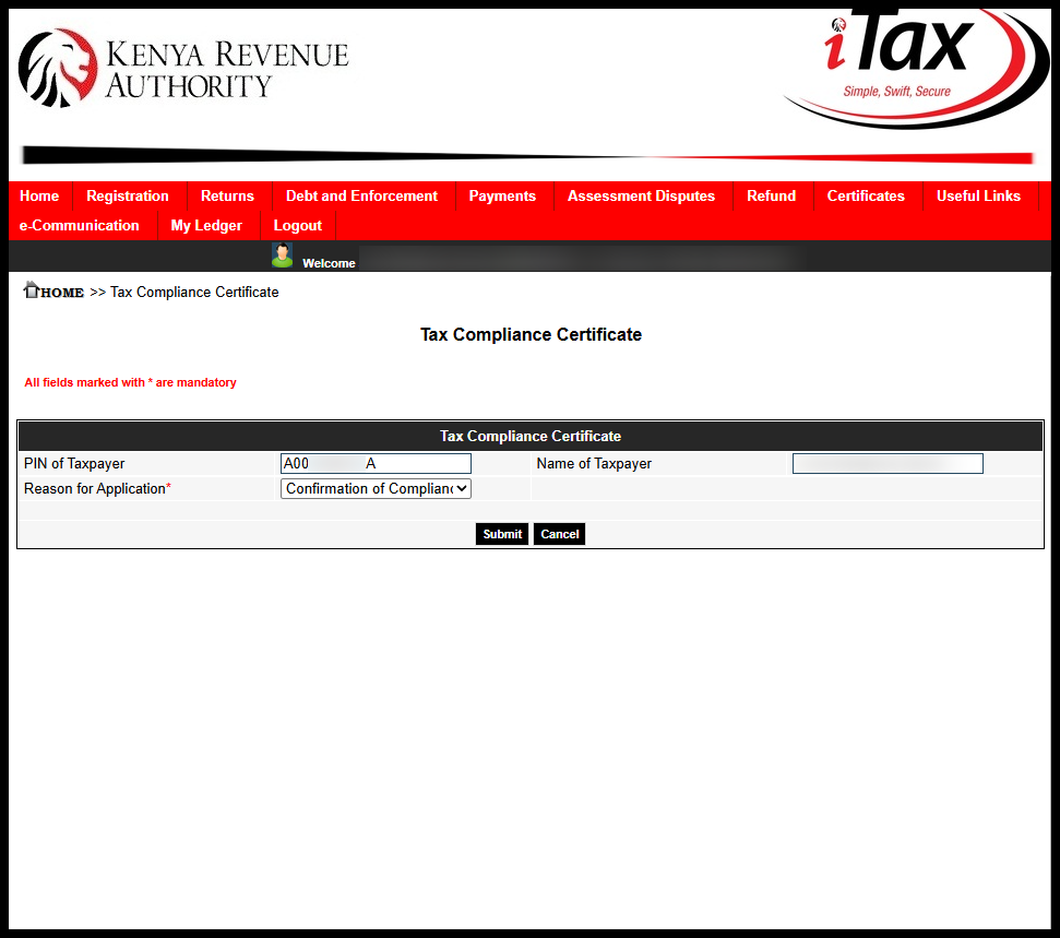 Next, you need to select the reason you are applying for a KRA Tax Compliance Certificate (TCC). The reasons that you can select from includes: job application, government tender, renewal of work permit, clearing and forwading agents, seeking liquor licences, confirmation of compliance status or other regulatory requirements. Once you have selected the reason for Tax Compliance Certificate application, click on the "Submit" button.
