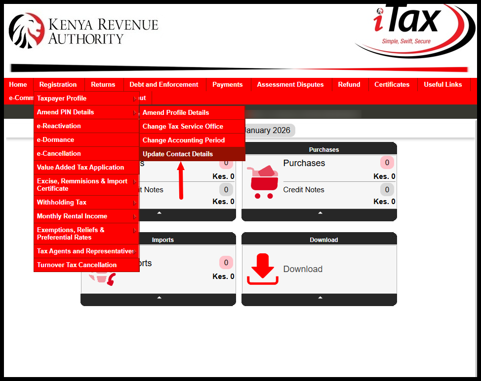 In this step, from your iTax account dashboard, on the top menu, follow this sequence; click on "Registration" menu, then "Amend PIN Details" and finally "Update Contact Details" to start the process of changing and updating your mobile number on iTax.