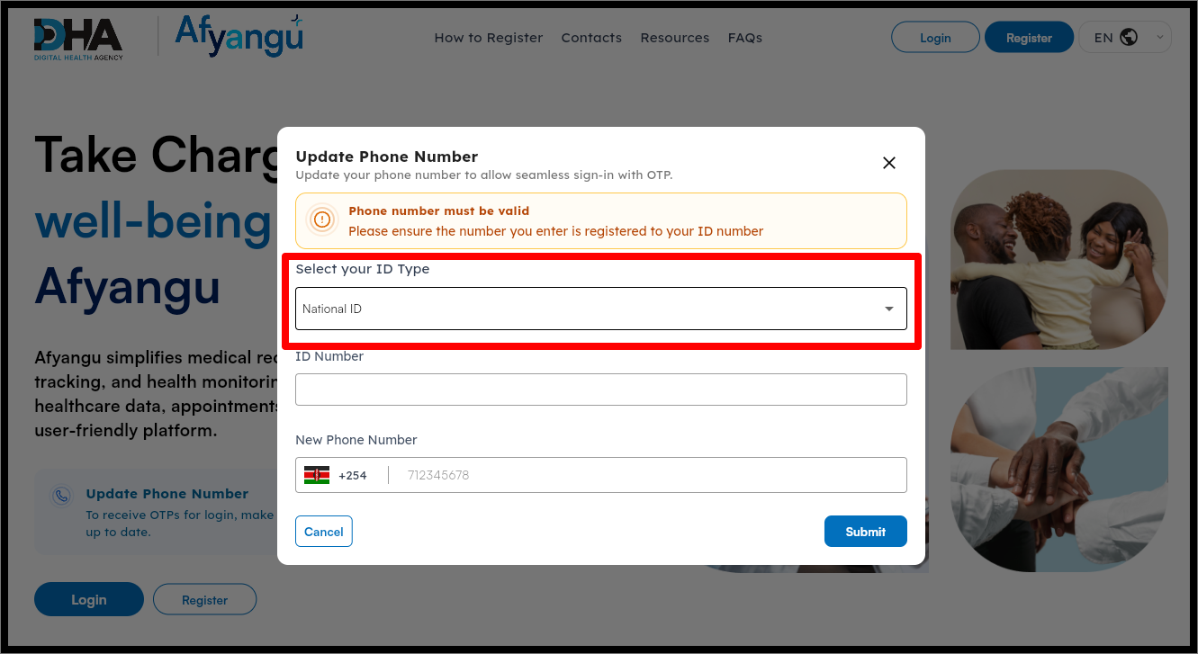 In this step, you need to select the ID type that is linked to your SHA account on Afyayangu.go.ke portal.