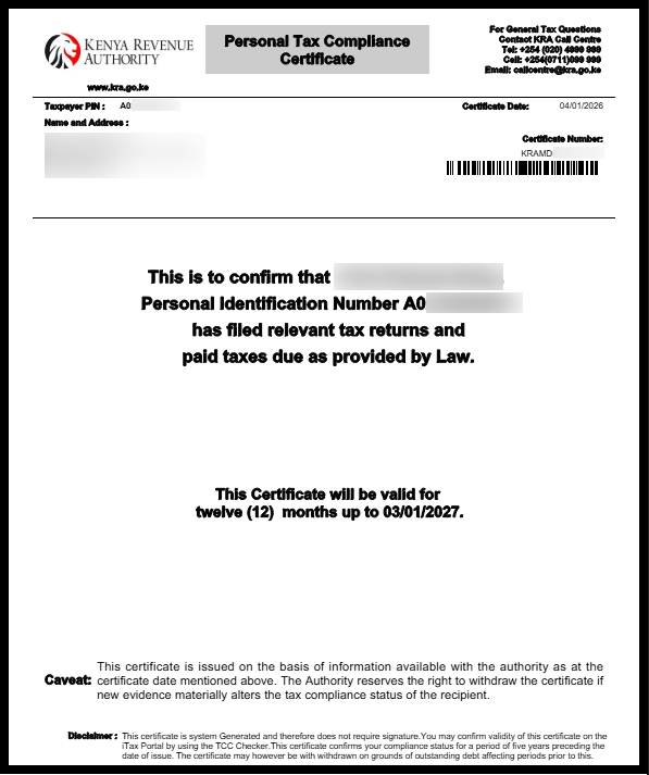 Once you have downloaded your KRA Tax Compliance Certificate (TCC) successfully on iTax (KRA Portal), you can choose to either have a print out of the hard copy or even save a soft copy of the same TCC for easier access anytime that it will be required.