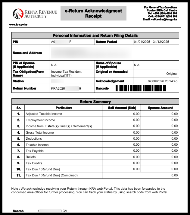 Check your SMS for the confirmation of successful KRA Nil Returns filing using WhatsApp. You will also receive the KRA e-Return Acknowledgement Receipt (KRA Returns Receipt) via Email Address. 