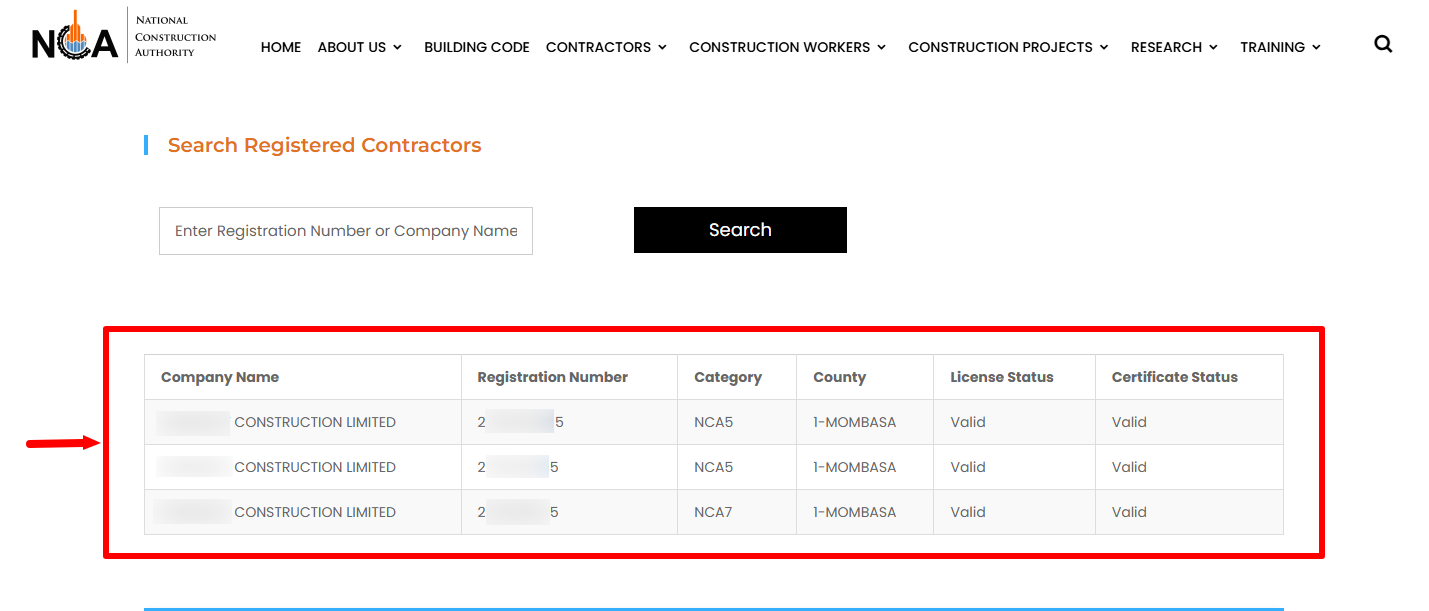 Registered Contractors Search Results 